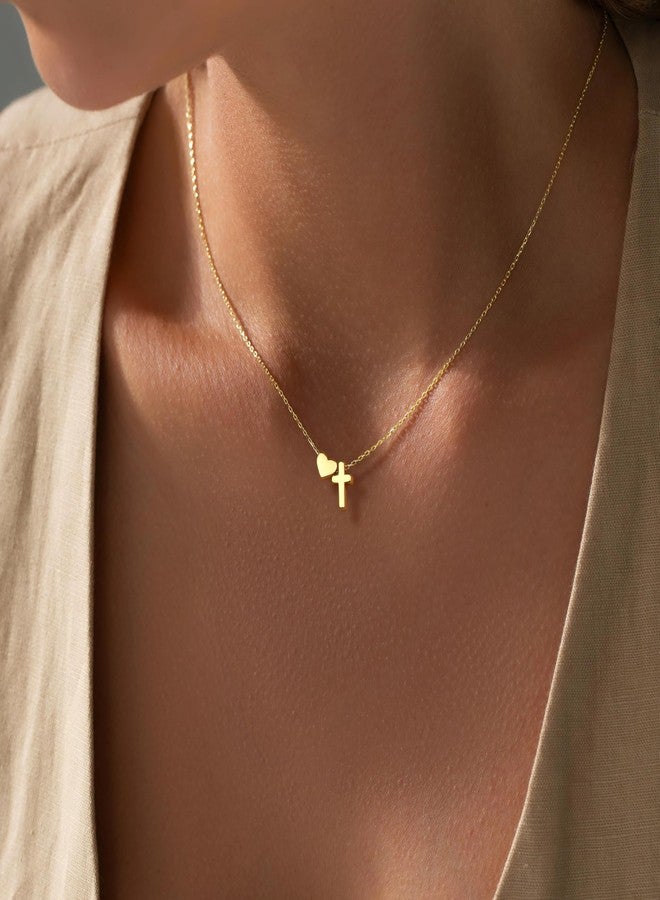 Inerney Cross Heart Necklace for Women, Dainty Small Cross Pendant Necklace 14K Real Gold Plated Choker Chain, Cute Trendy Waterproof Non Tarnish Christian Religious Faith Jewelry Baptism Easter Gift - Image 2